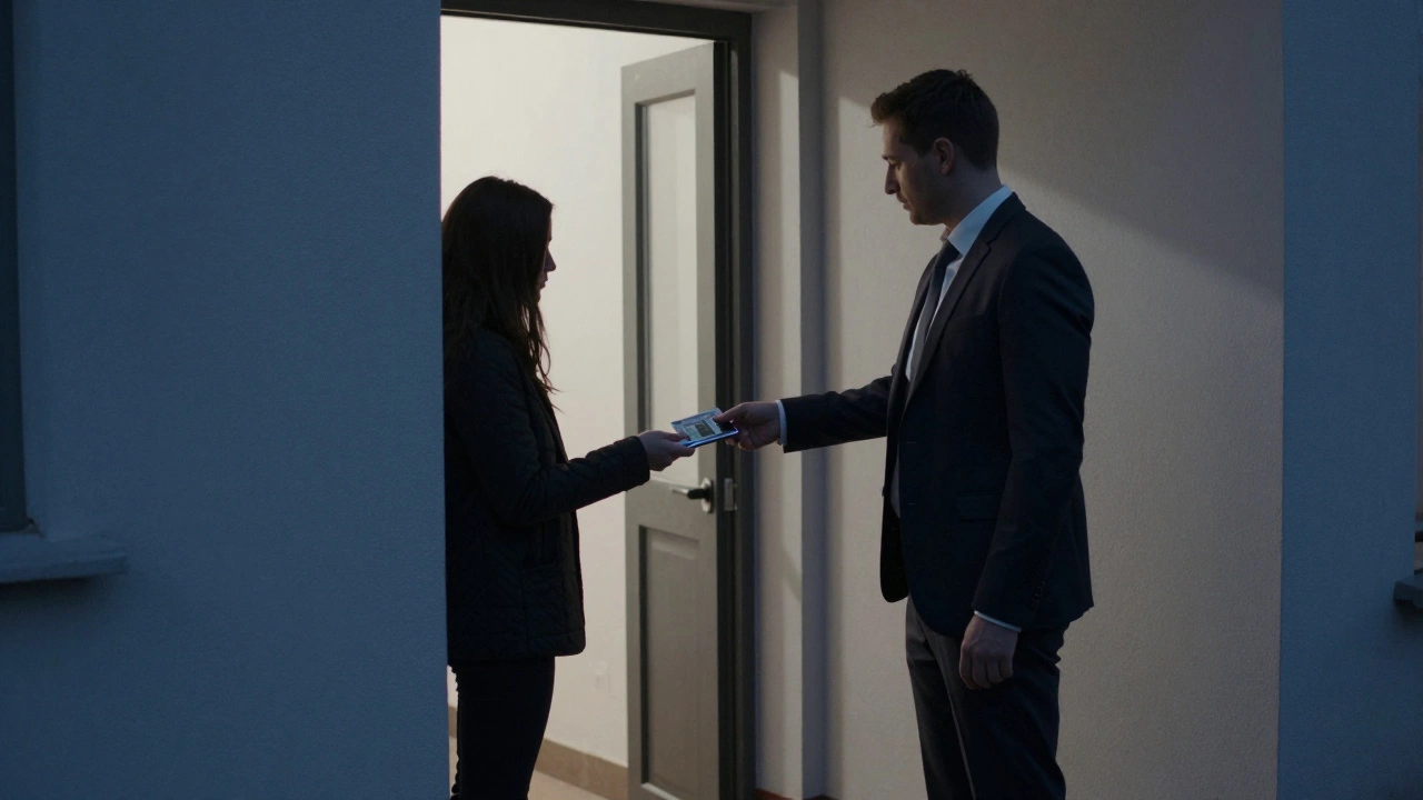 A man hands cash to a woman in a dim apartment lobby, their faces hidden in shadow.