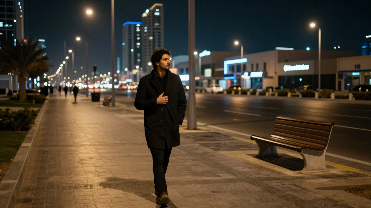 A solitary person walking under city lights, lost in thought at night.