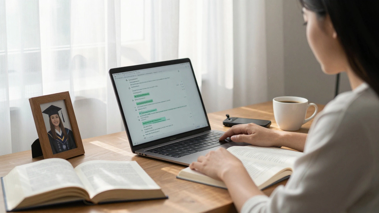 A woman studies psychology and language books in a quiet morning-lit study, a burner phone nearby.