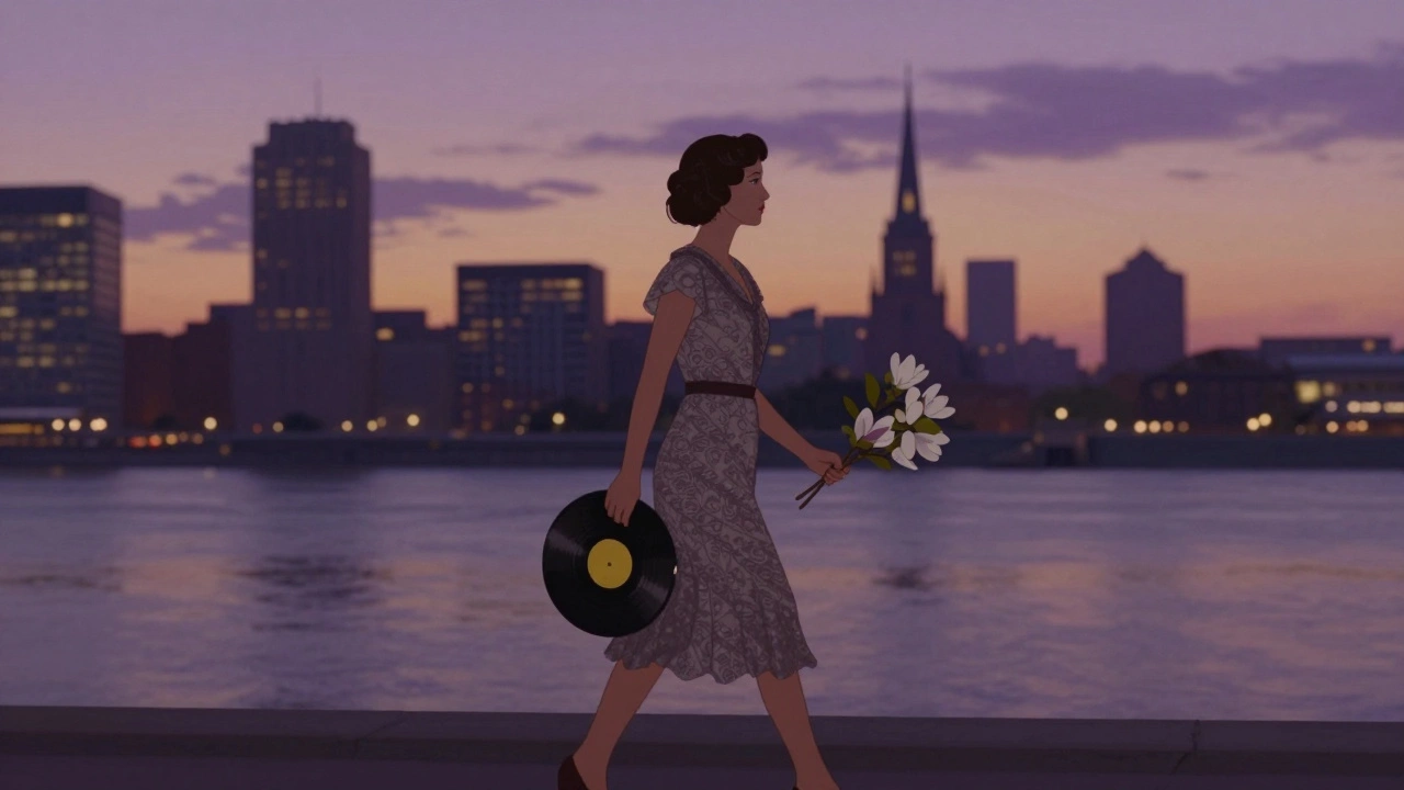 A woman walking along the Mississippi River at dusk, holding magnolias and a vinyl record.