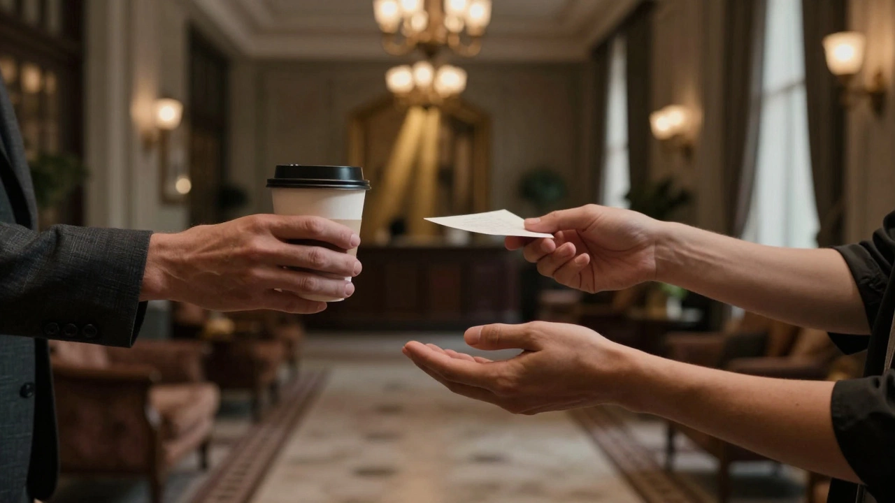Three abstract hands connecting in a hotel lobby, symbolizing mutual respect and human connection.