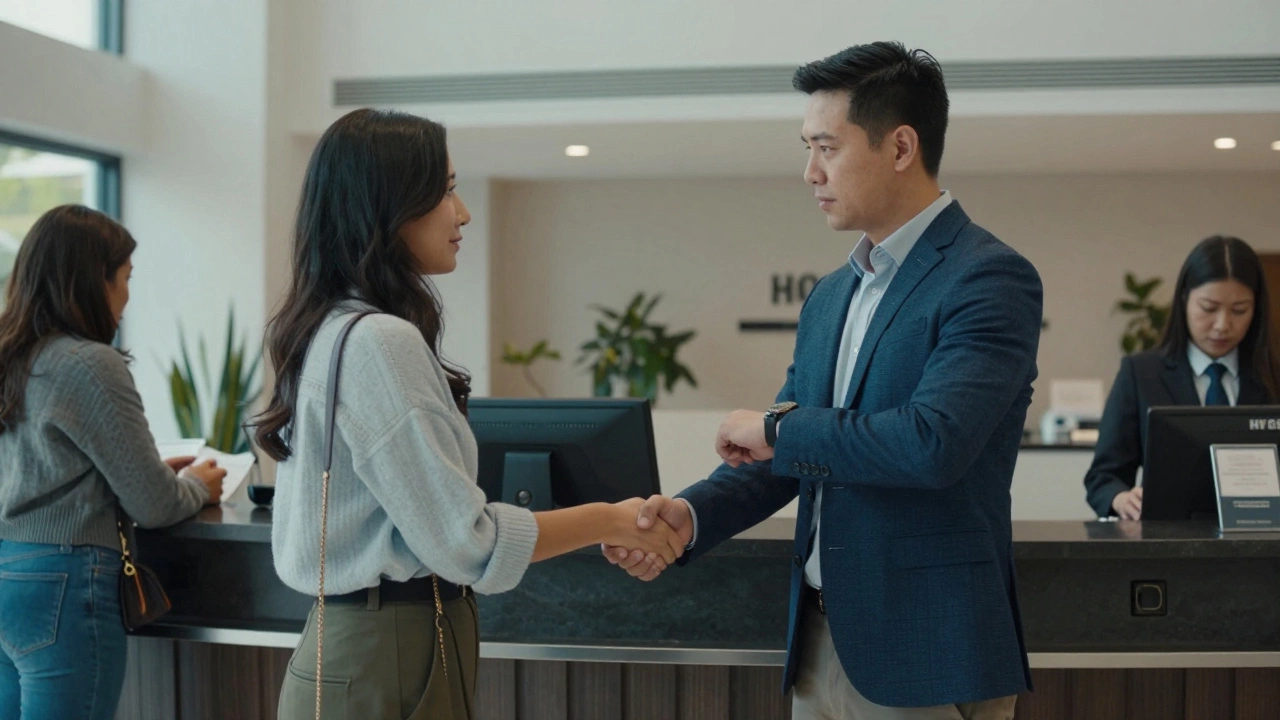 Two people shaking hands politely in a public hotel lobby.